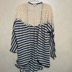 Umgee Blue Striped Cream Lace Open Front Kimono Sweater